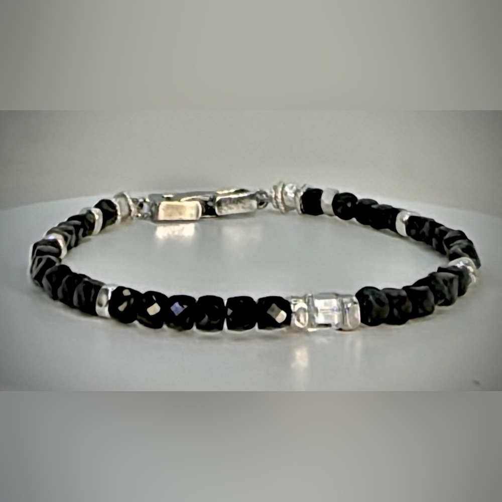 Black Spinel cubed,  Swarovski Crystal set in Sterling Silver